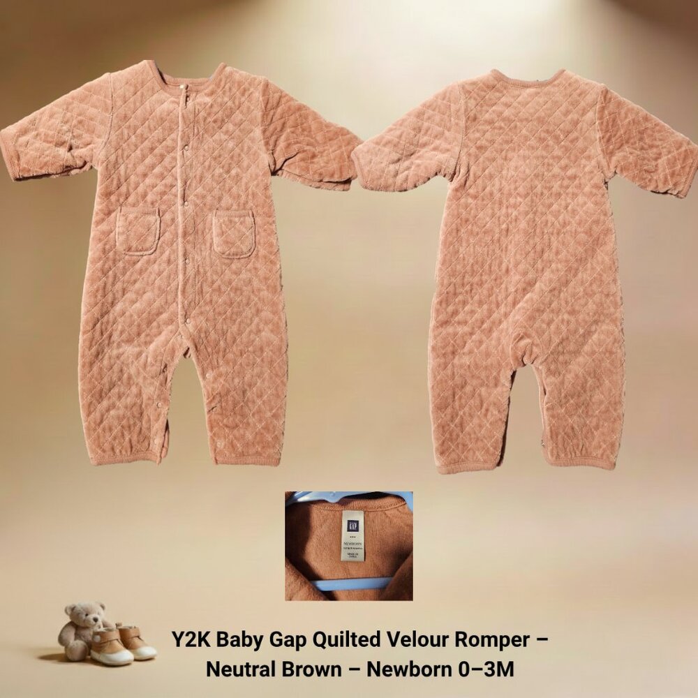 Y2K Baby Gap Quilted Velour Romper – Neutral Brown – Newborn 0–3M